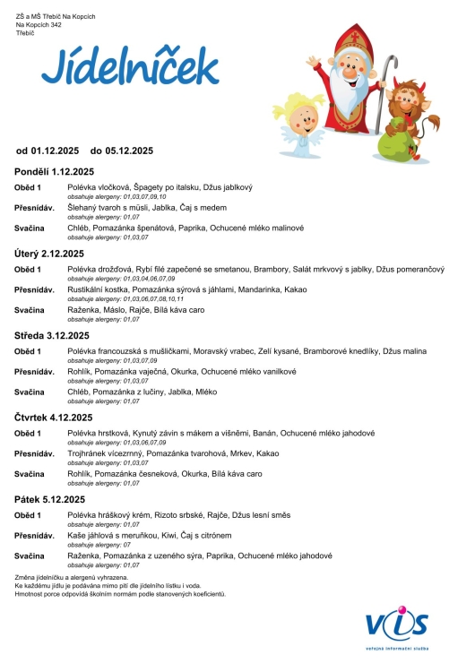 Jídelníček 1. - 5. 12.