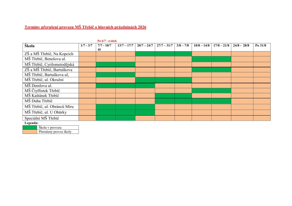 Prázdninový provoz MŠ 2026
