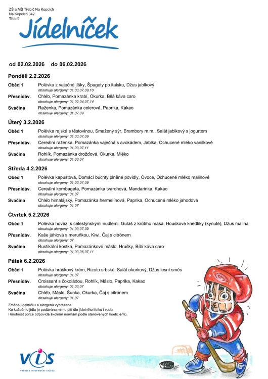 Jídelníček 2. - 6. 2.