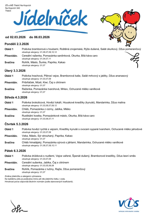 Jídelníček 2. - 6. 3.