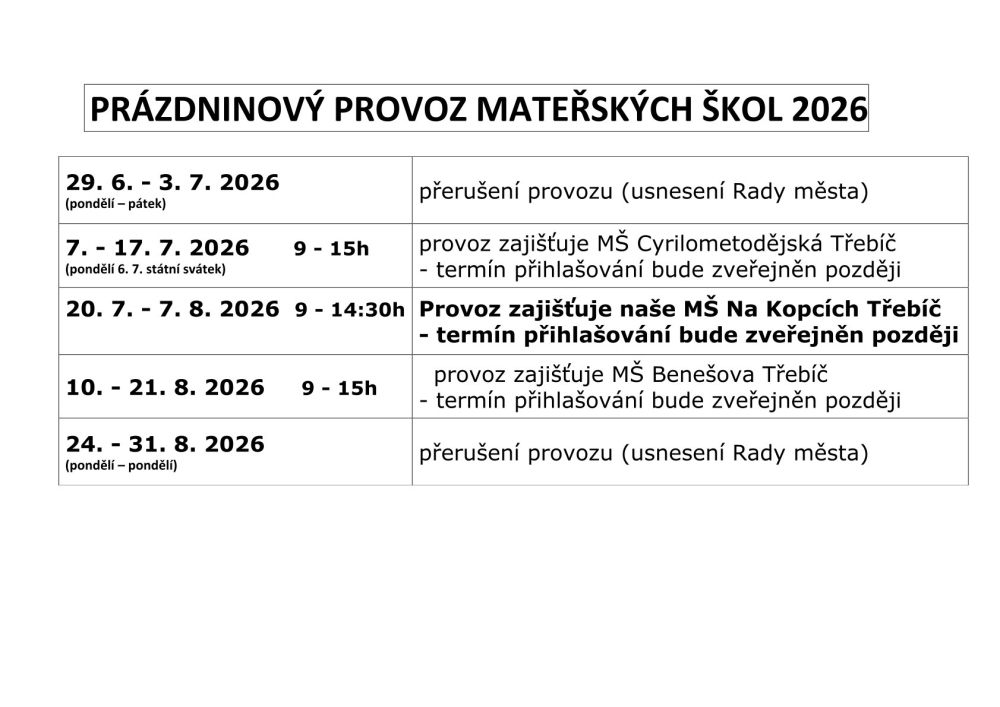 Prázdninový provoz MŠ 2026