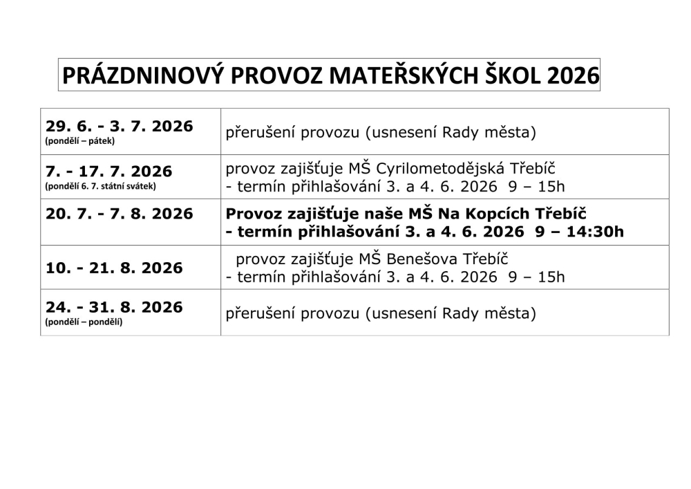 Prázdninový provoz MŠ 2026