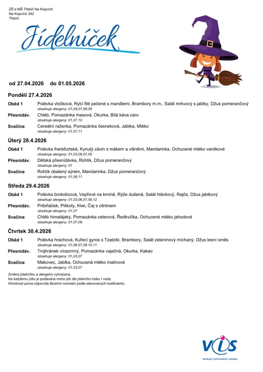 Jídelníček 27. 4. - 1. 5.
