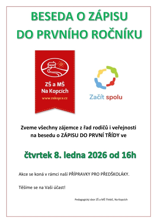 Beseda o zápisu do první třídy čtvrtek 8. 1. 2026 od 16h