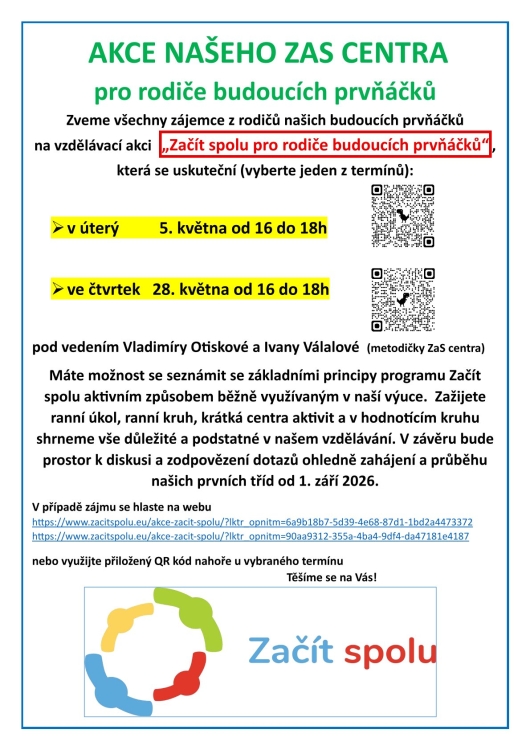 Vzdělávací akce "Začít spolu pro rodiče rodičů budoucích prvňáčků" 5. 5., 28. 5. 2026