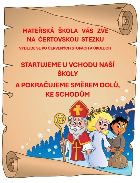 ČERTOVSKÁ STEZKA OD ČTVRTKA DO NEDĚLE v okolí naší školy, kterou připravila naše MŠ. Přijďte si vyzkoušet pekelné úkoly!